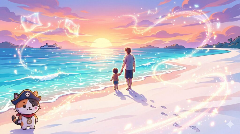 家族の浜辺とココロ船長