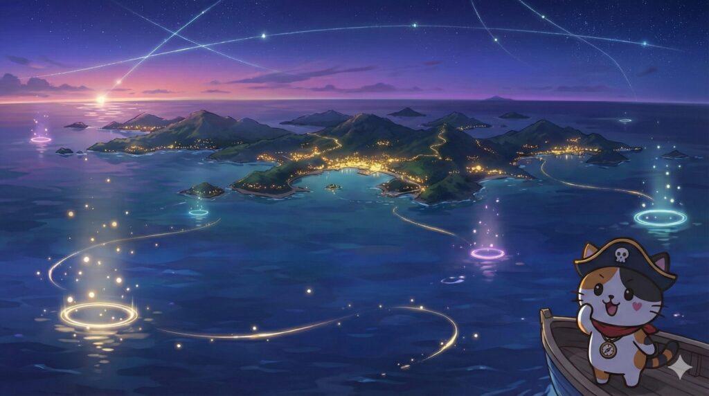 島々を眺めるココロ船長
