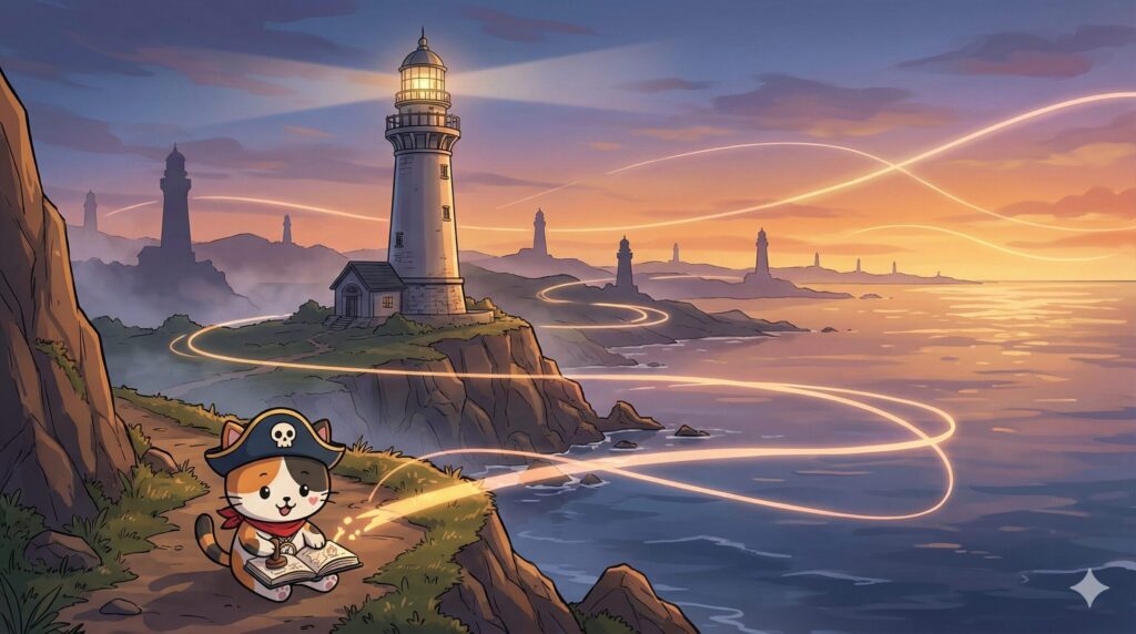 広い海岸線と灯台の景色を前に、スタンプを押しながら旅のルートを考えるココロ船長