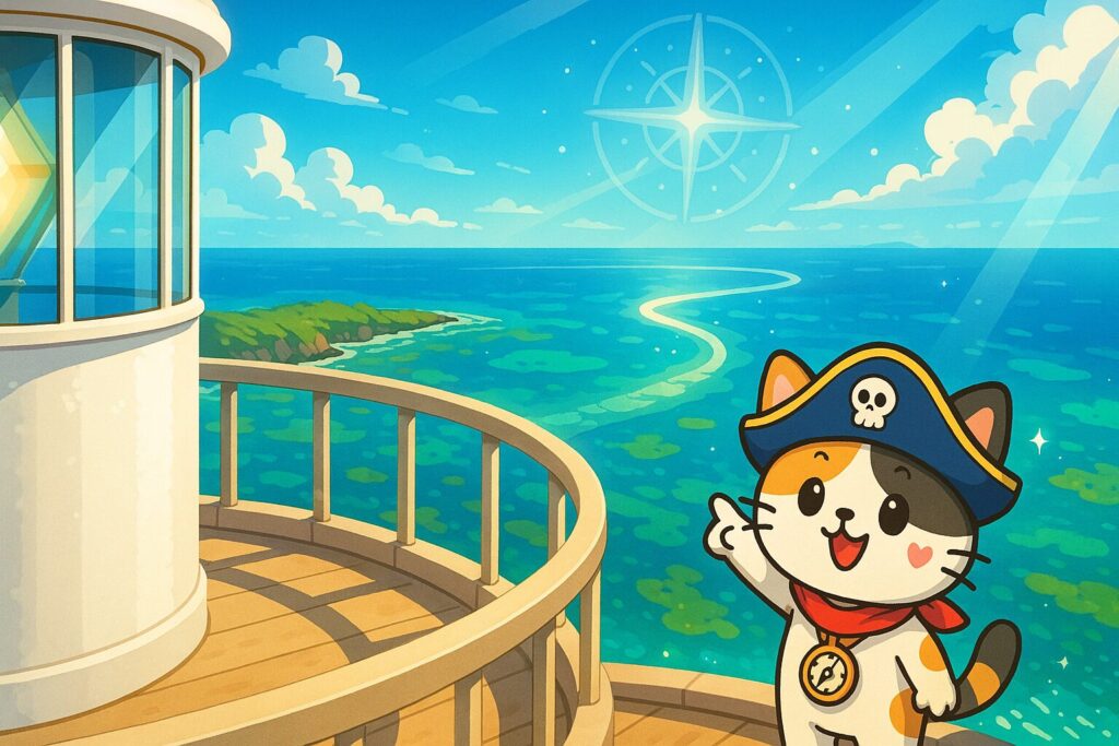 頂上の海景とココロ船長