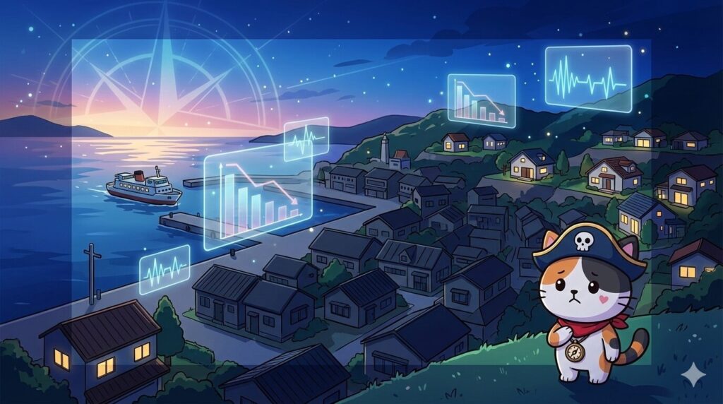 夕暮れの離島とココロ船長
