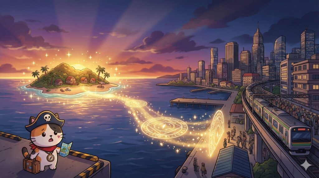 島を見つめるココロ船長
