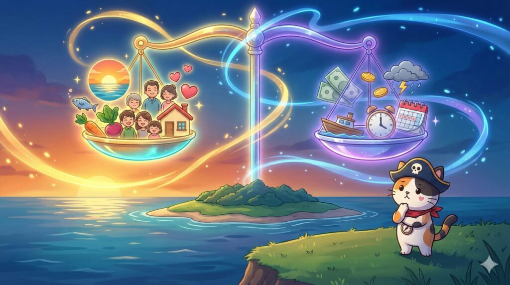 天秤を見つめるココロ船長
