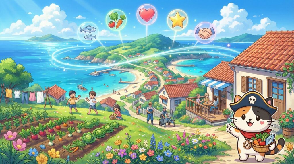 島の恵みを抱えるココロ船長