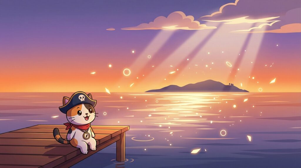 夕暮れの海と笑顔のココロ船長
