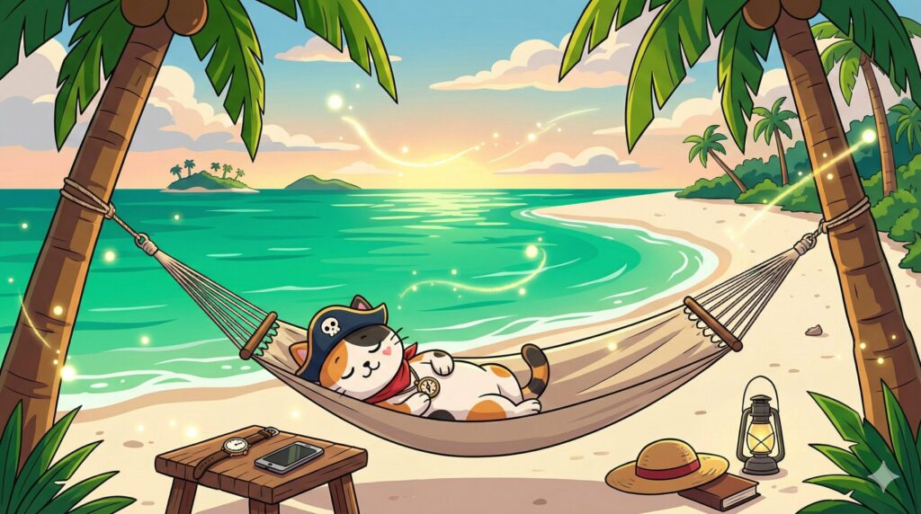 浜辺でくつろぐココロ船長