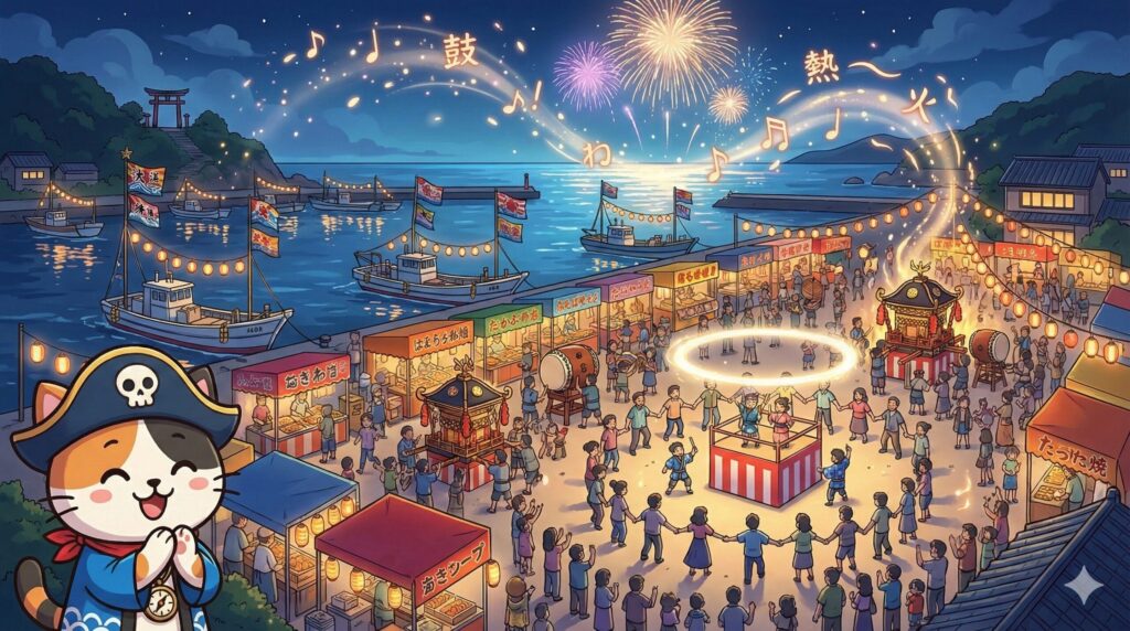 島の祭り夜景とココロ船長