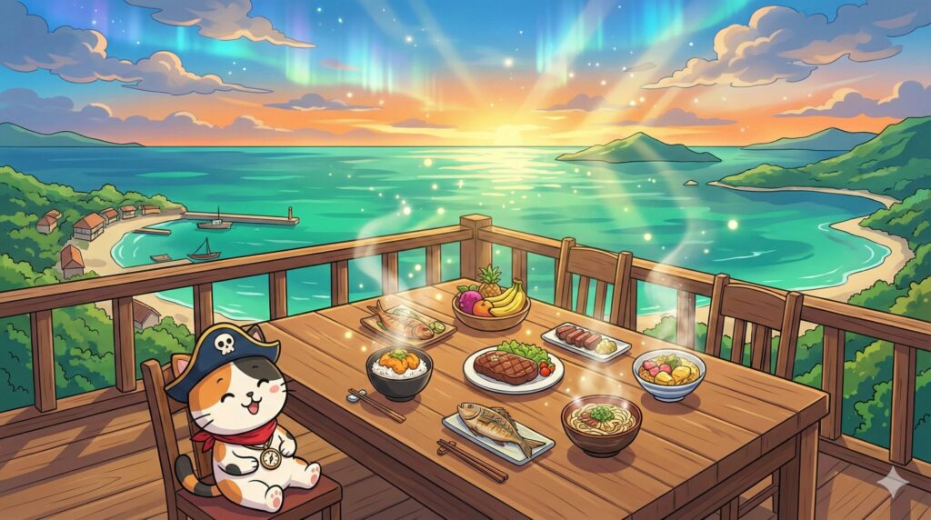 島グルメを前にするココロ船長
