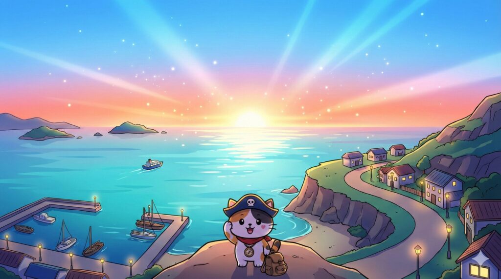 朝焼けの海とココロ船長