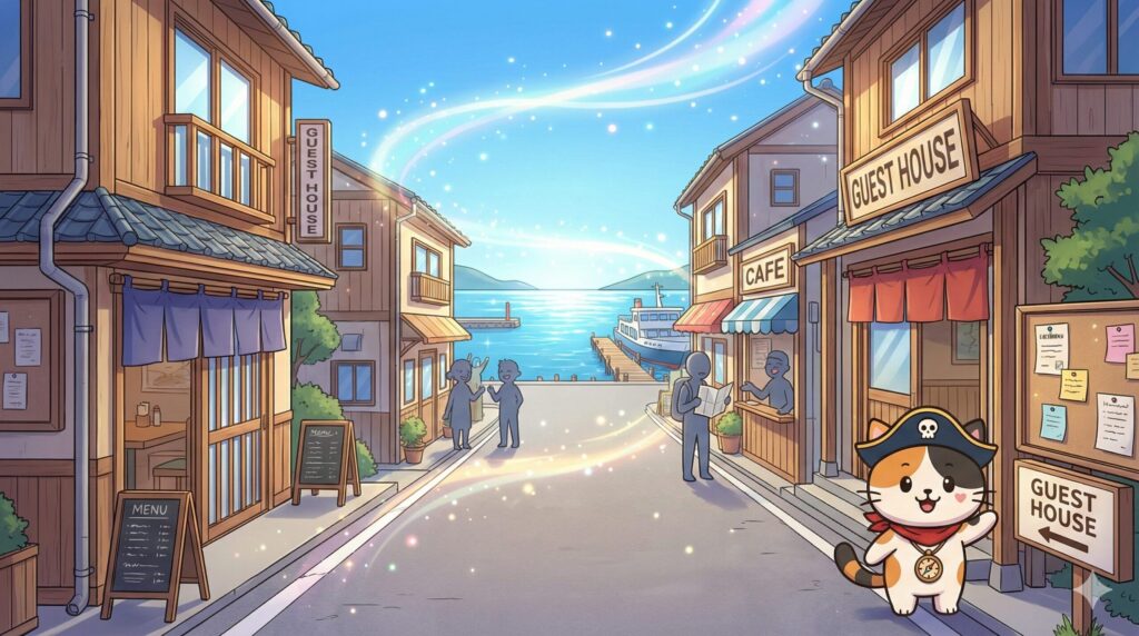 港町を歩くココロ船長