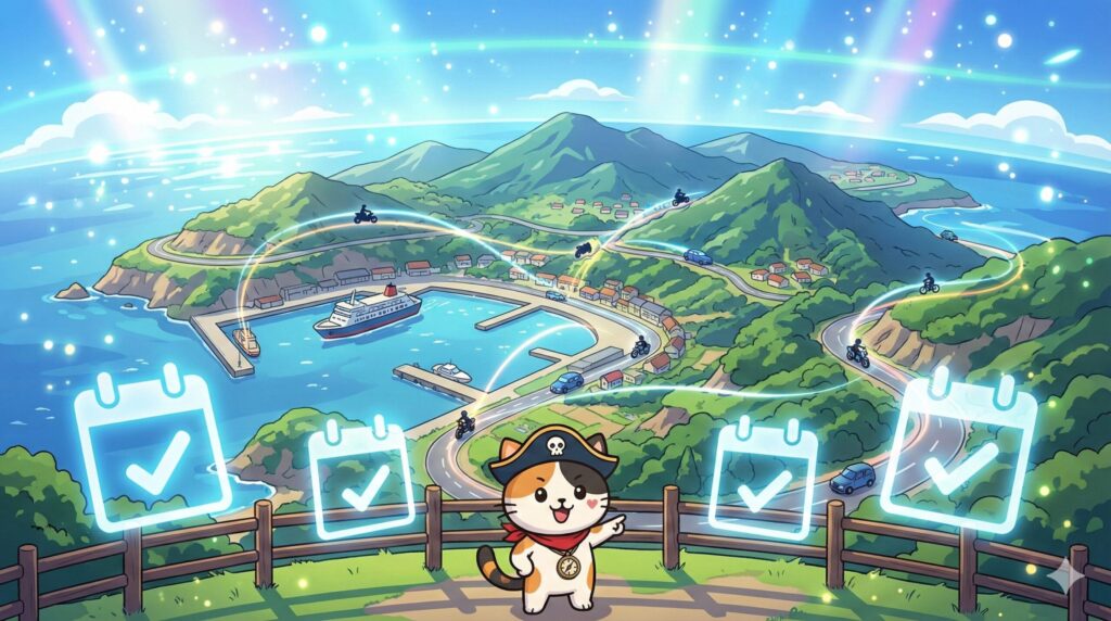 旅の成功を喜ぶココロ船長