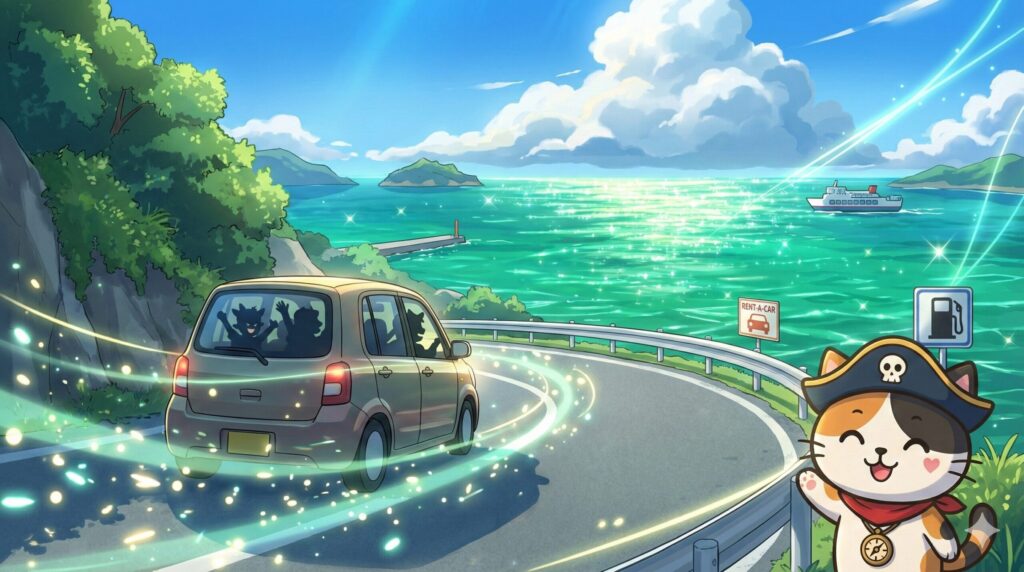 レンタカーを見送るココロ船長