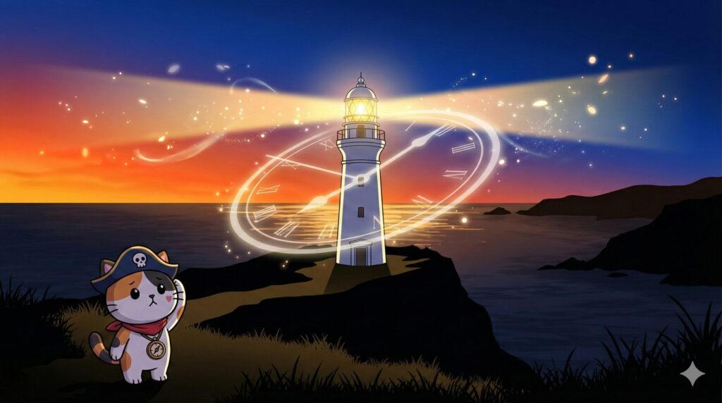 夕暮れの灯台とココロ船長