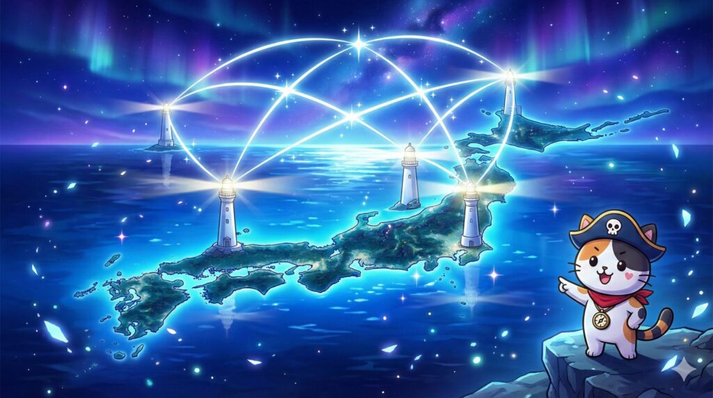 日本列島と灯台とココロ船長
