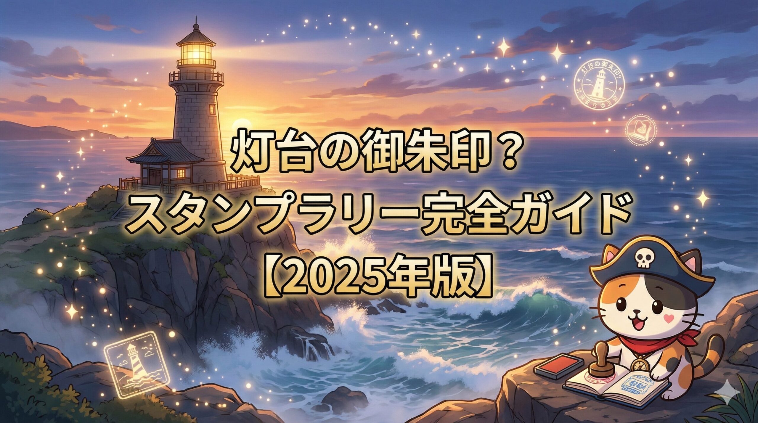 夕焼けの海と崖の灯台を眺めながら、スタンプ帳に押印して楽しむココロ船長