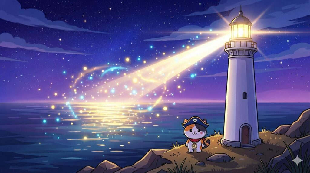 灯台を見上げるココロ船長
