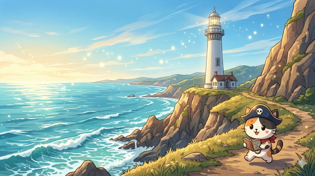 海と崖の灯台を見上げながら、スタンプ帳を開いて旅を始めるココロ船長