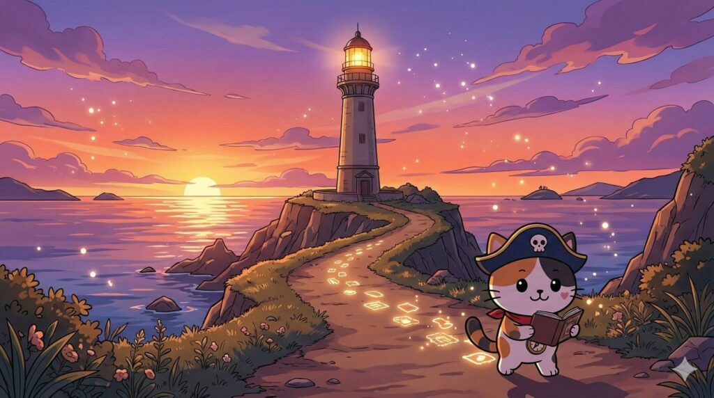 夕焼けの灯台へ向かいながら、集めたスタンプ帳を誇らしげに開いて進むココロ船長