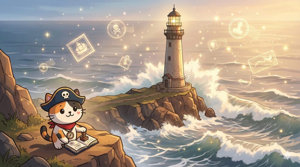 断崖の灯台を眺めながら、押したスタンプのページを大事に見つめるココロ船長