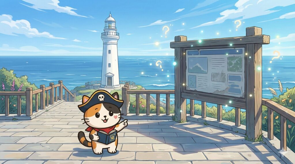 灯台の案内スポットを指さしながら、スタンプ帳を手に疑問を解消するココロ船長