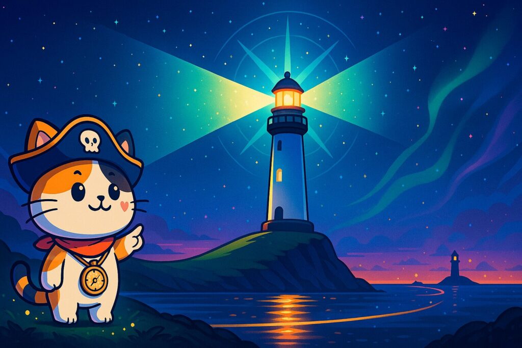 黄昏の灯台とココロ船長
