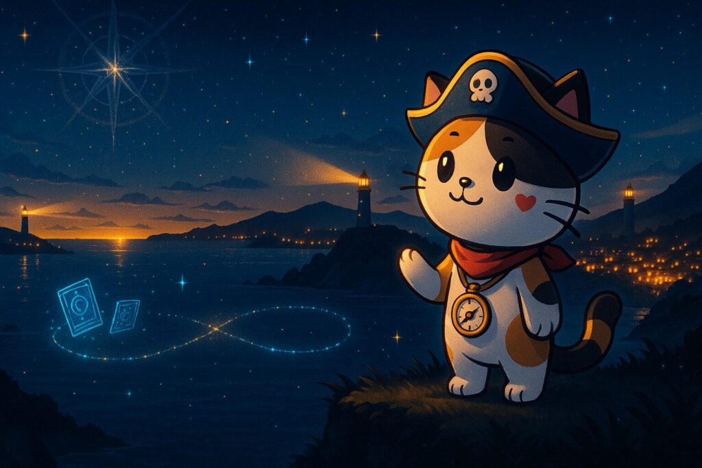 灯台の夜景とココロ船長
