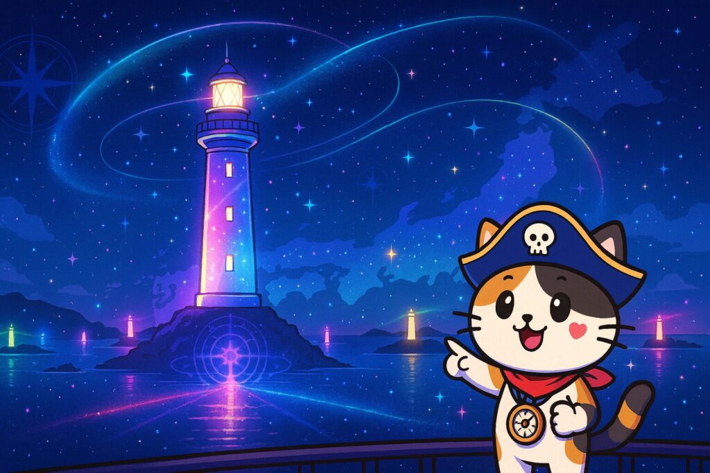 灯台ライトアップとココロ船長
