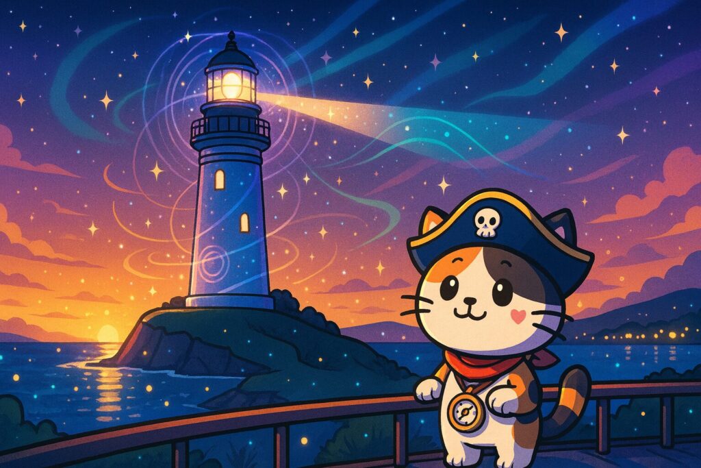 灯台夜景とココロ船長