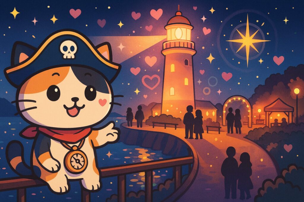 灯台ライトアップとココロ船長