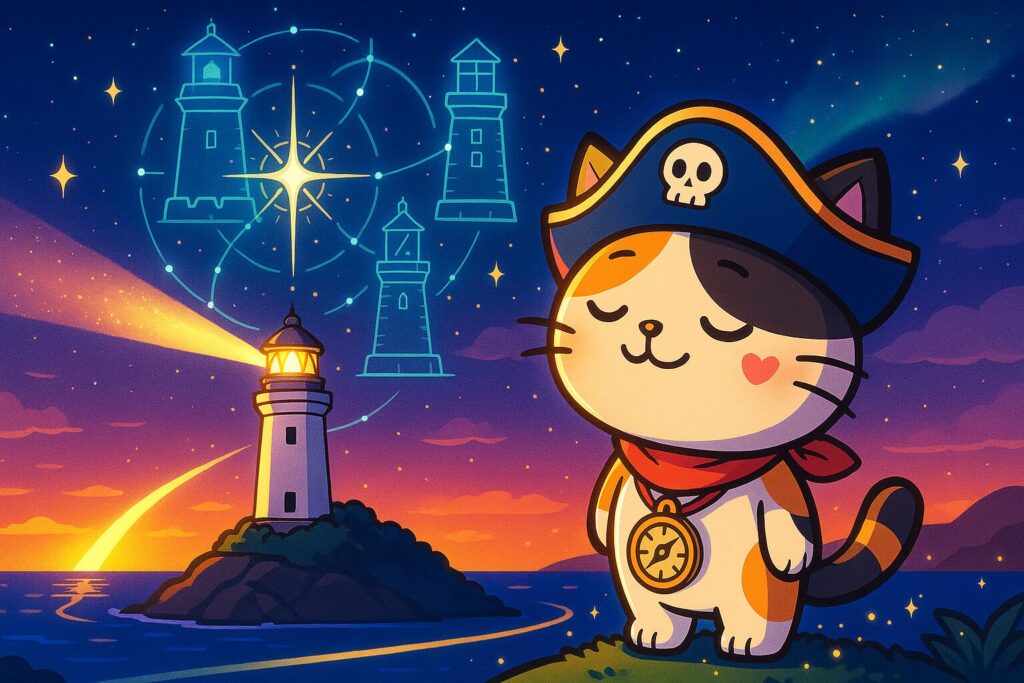 灯台史を見上げるココロ船長
