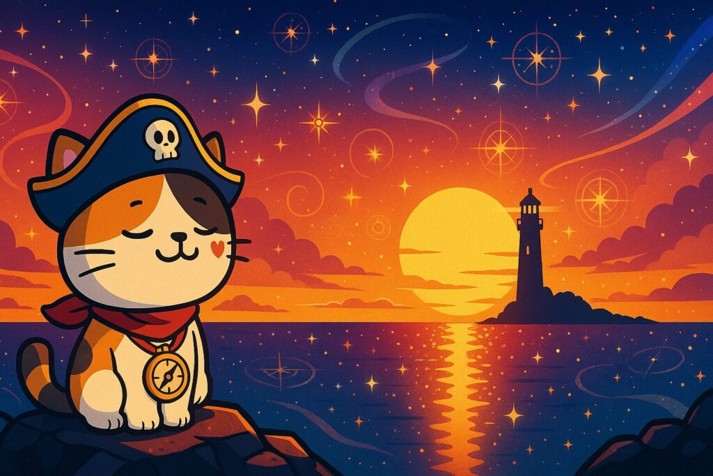 夕日に見入るココロ船長