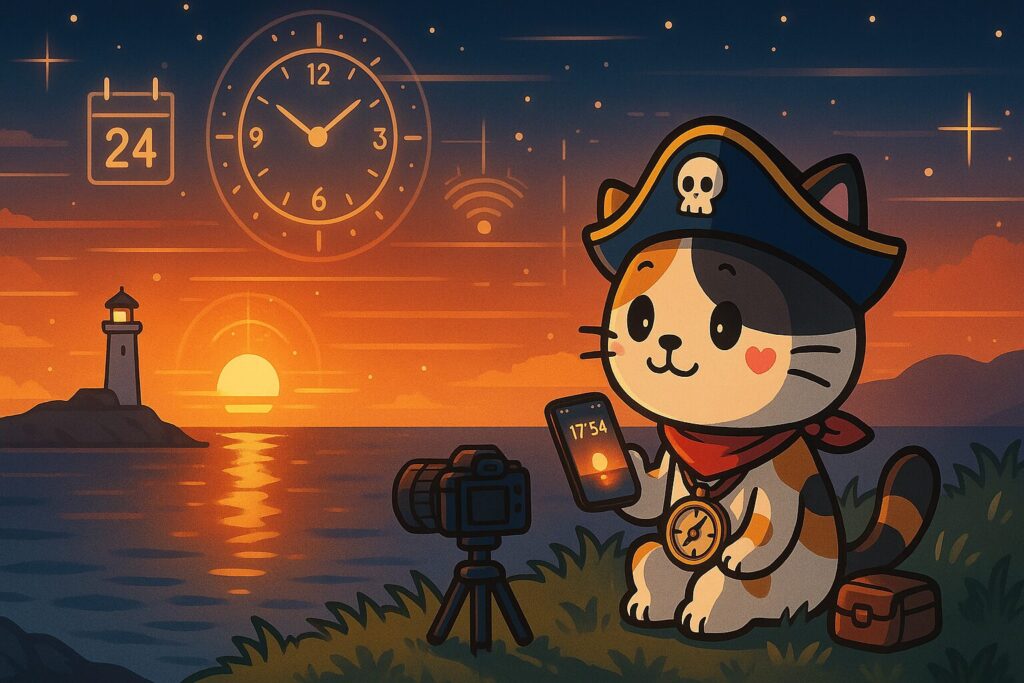 夕日撮影を準備するココロ船長