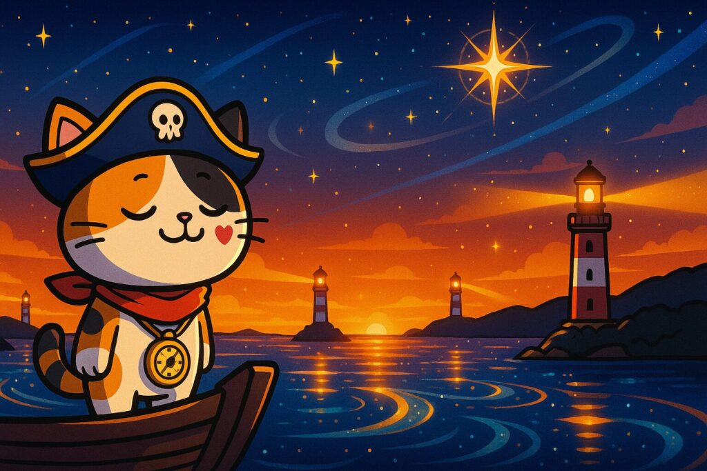 夕景の海とココロ船長