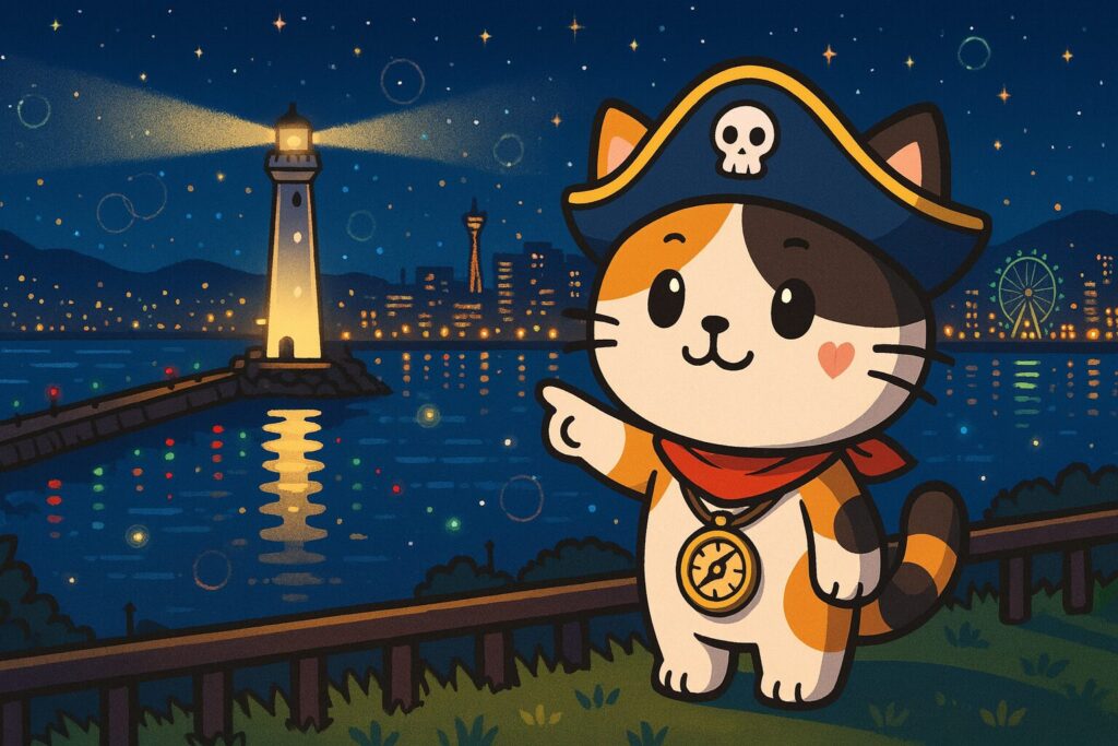 港の灯台夜景とココロ船長