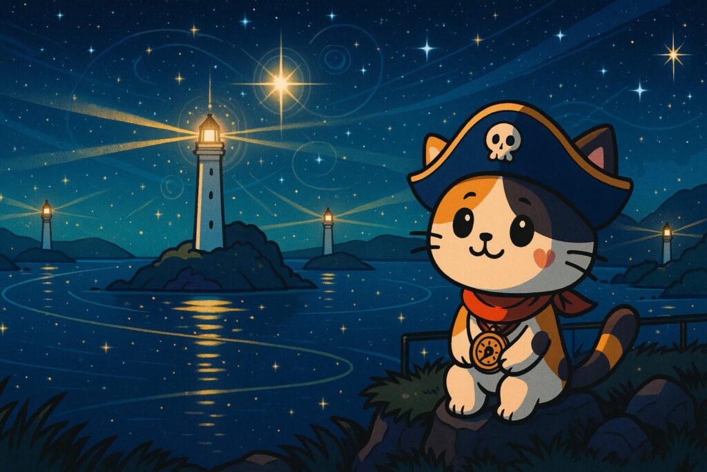 夜の灯台とココロ船長