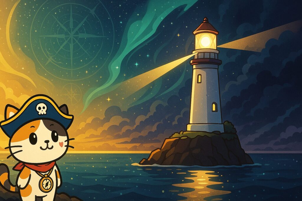 夜明けの灯台とココロ船長