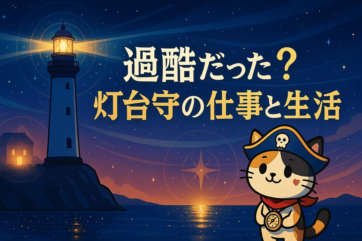 夜の灯台とココロ船長