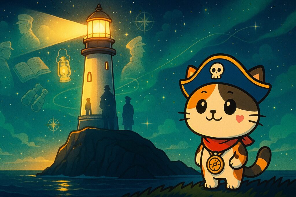 灯台守を見上げるココロ船長
