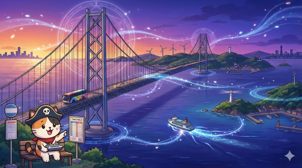 バスと船で島へ行くココロ船長