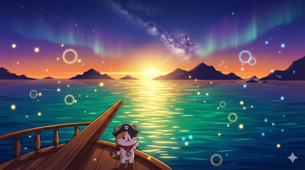 ココロ船長と島の夕景