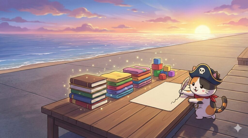 品名を書きながら中身を指さすココロ船長
