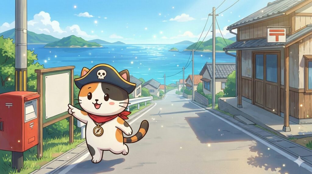 ポストへ駆け寄り回収案内を指さすココロ船長
