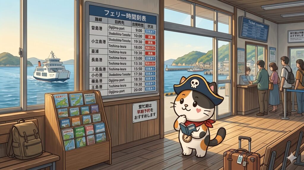 離島旅行の予約と手配を表す見出し画像。フェリーターミナルの案内板や時刻表、予約案内のある港の出発エリアで、小さなココロ船長が予約情報を確認している。