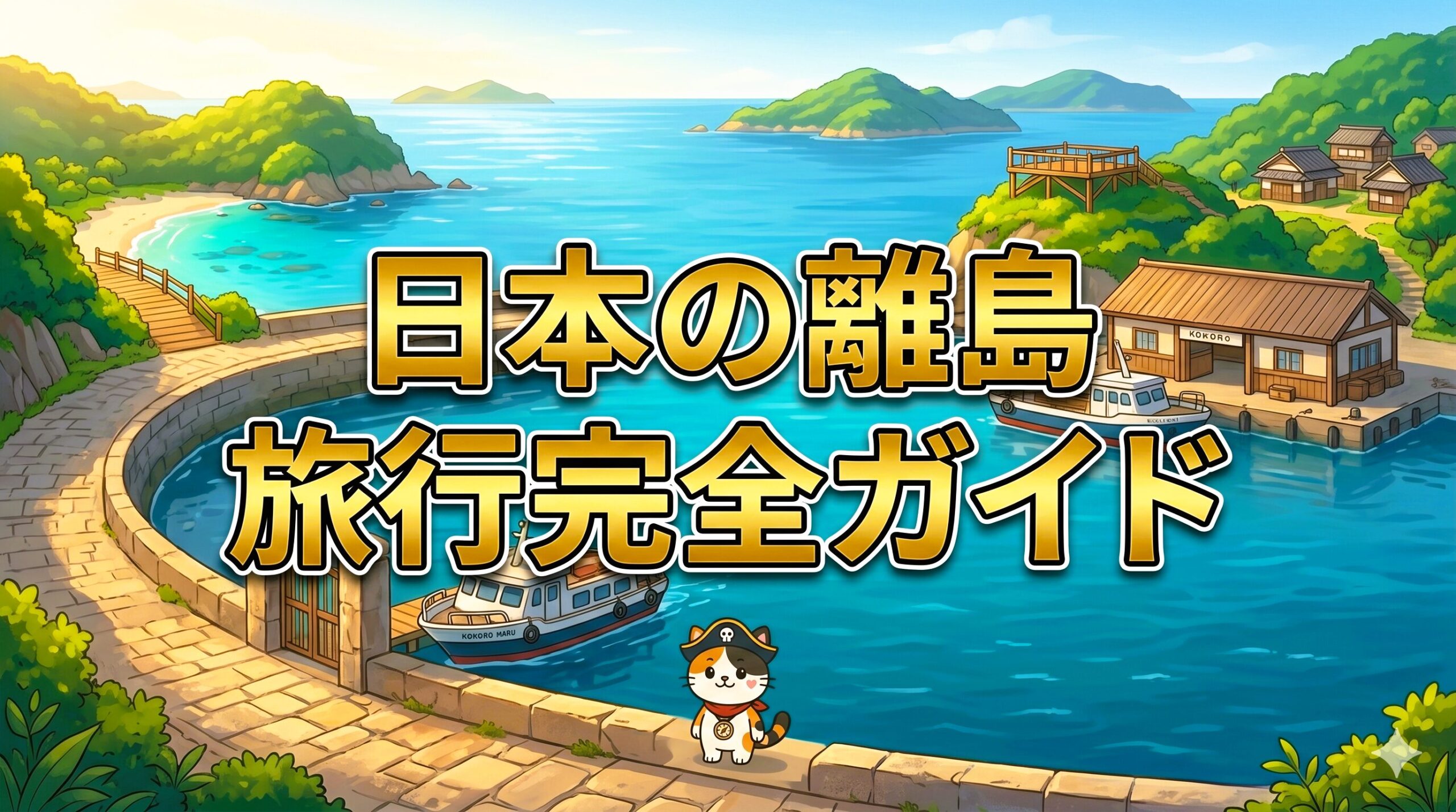 日本の離島旅行完全ガイドのサムネイル。港とフェリー、青い海、遠くの島々が広がる離島旅行の出発点の風景の中で、小さくココロ船長が海を眺めている。
