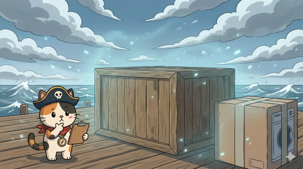 港の貨物エリアで大きな荷物を前に、確認しながら慎重に考えているココロ船長
