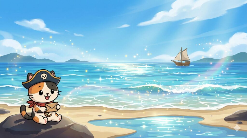 広い浜辺で小さな封筒サイズの荷物を開け、うれしそうに海風を感じているココロ船長
