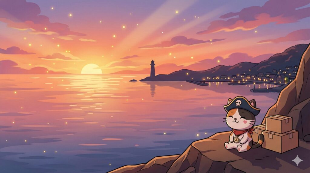 夕焼けの離島を見渡し、届いた荷物のそばで満足そうにくつろいでいるココロ船長
