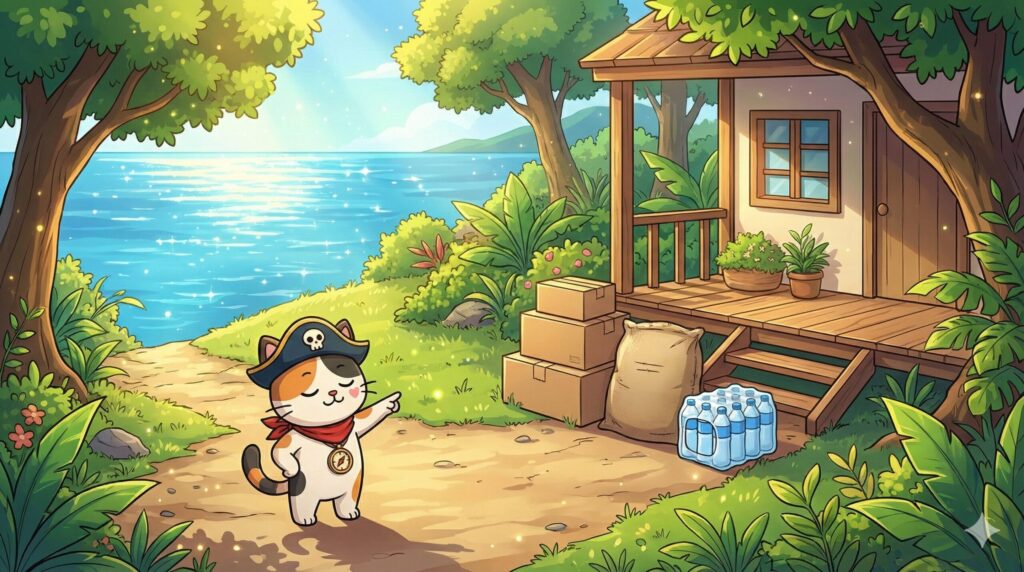 海を見下ろす坂道で背伸びしながら、届いた日用品を指さして安心しているココロ船長
