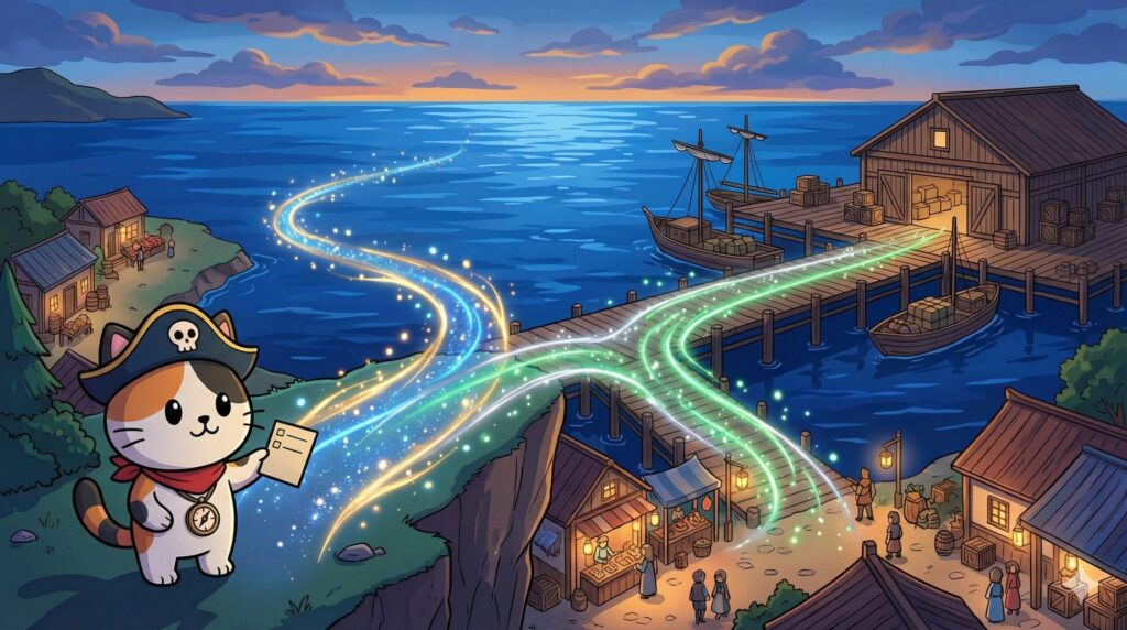 港の景色の中で二つの配送ルートを指し示し、賢く使い分ける様子のココロ船長
