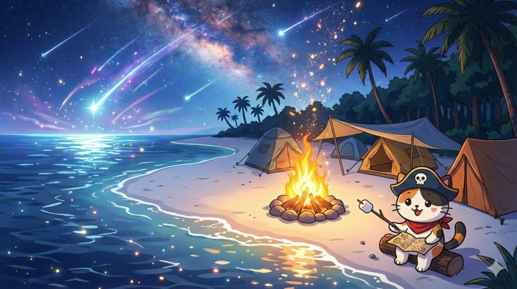 無人島キャンプを楽しむココロ船長
